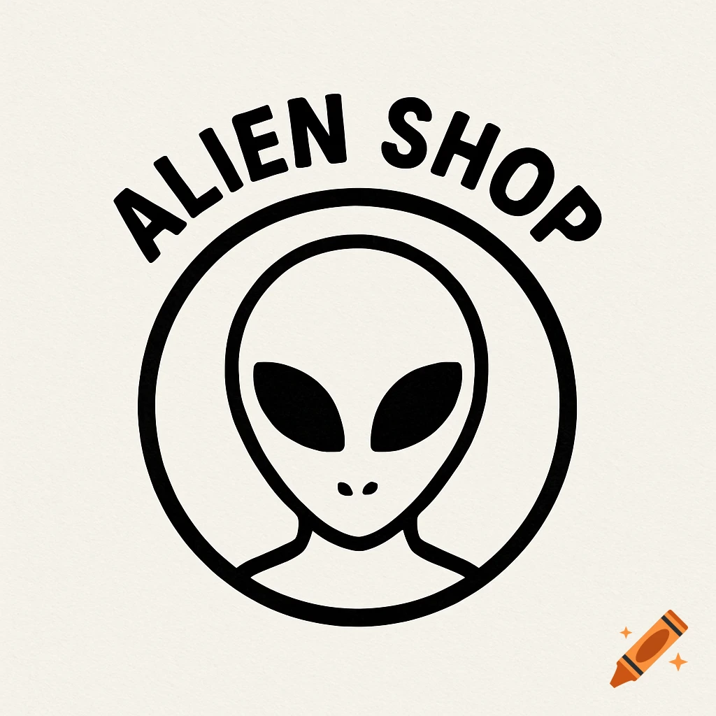 Minimalist black and white alien head logo with the text 'ALIEN SHOP' above and below a circular outline.