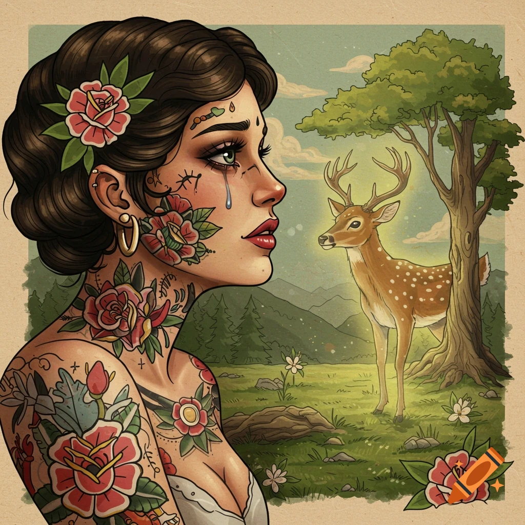A woman with American traditional tattoos crying as she looks at a glowing deer in a forest. Stylized art.