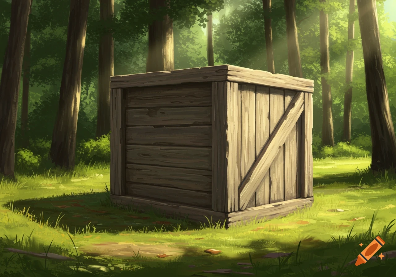 A weathered wooden crate sits in a sunlit forest clearing, surrounded by green grass and tall trees, in an illustrative style.