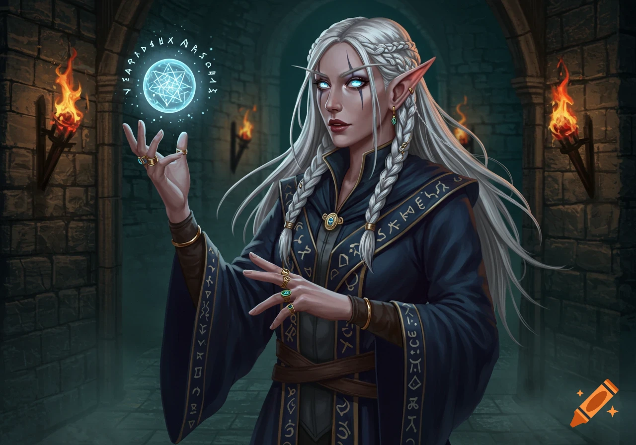 A white-haired elf magician with glowing blue eyes and a dark robe casting a spell with a glowing blue orb in a stone dungeon.