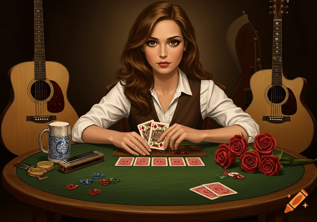 A woman deals cards at a poker table, surrounded by guitars, a harmonica, and red roses in a dark, stylized setting.