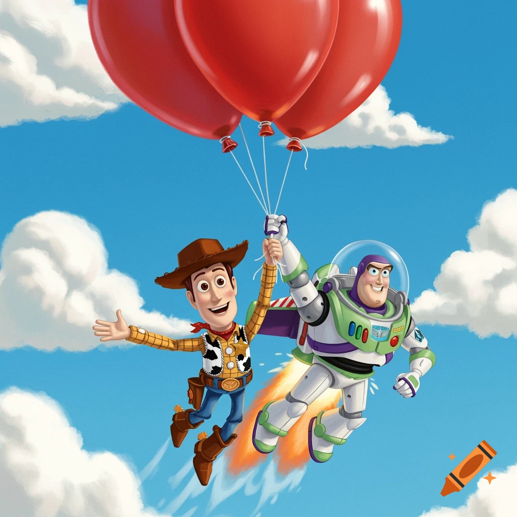 Woody and Buzz Lightyear fly through a blue sky with white clouds, Woody holding red balloons and Buzz using his jetpack.
