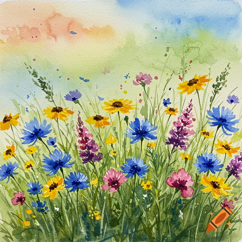 Vibrant watercolor painting of a wildflower meadow with blue, yellow, and pink flowers against a soft, colorful sky.