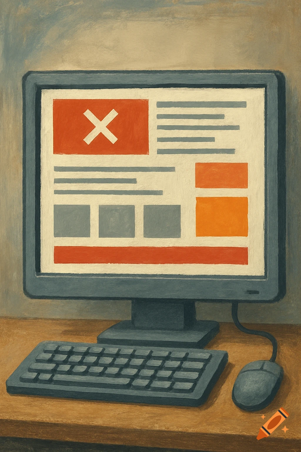 An oil painting of a desktop computer setup with a keyboard and mouse. The monitor displays an unsuccessful website layout with a red error box containing a white 'X'.