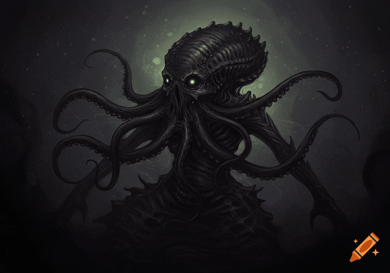 A dark, menacing eldritch creature with glowing eyes and tentacles, shrouded in shadows, in a digital art style.