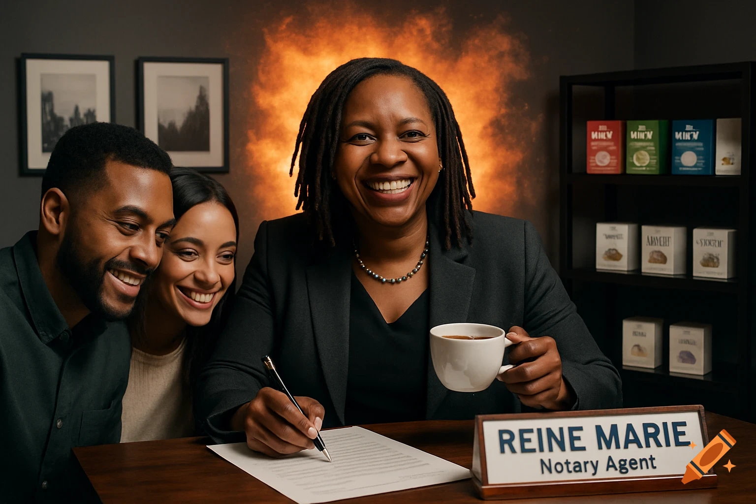 A smiling woman with dreadlocks, a notary agent, signs a document for a happy couple in an office setting.