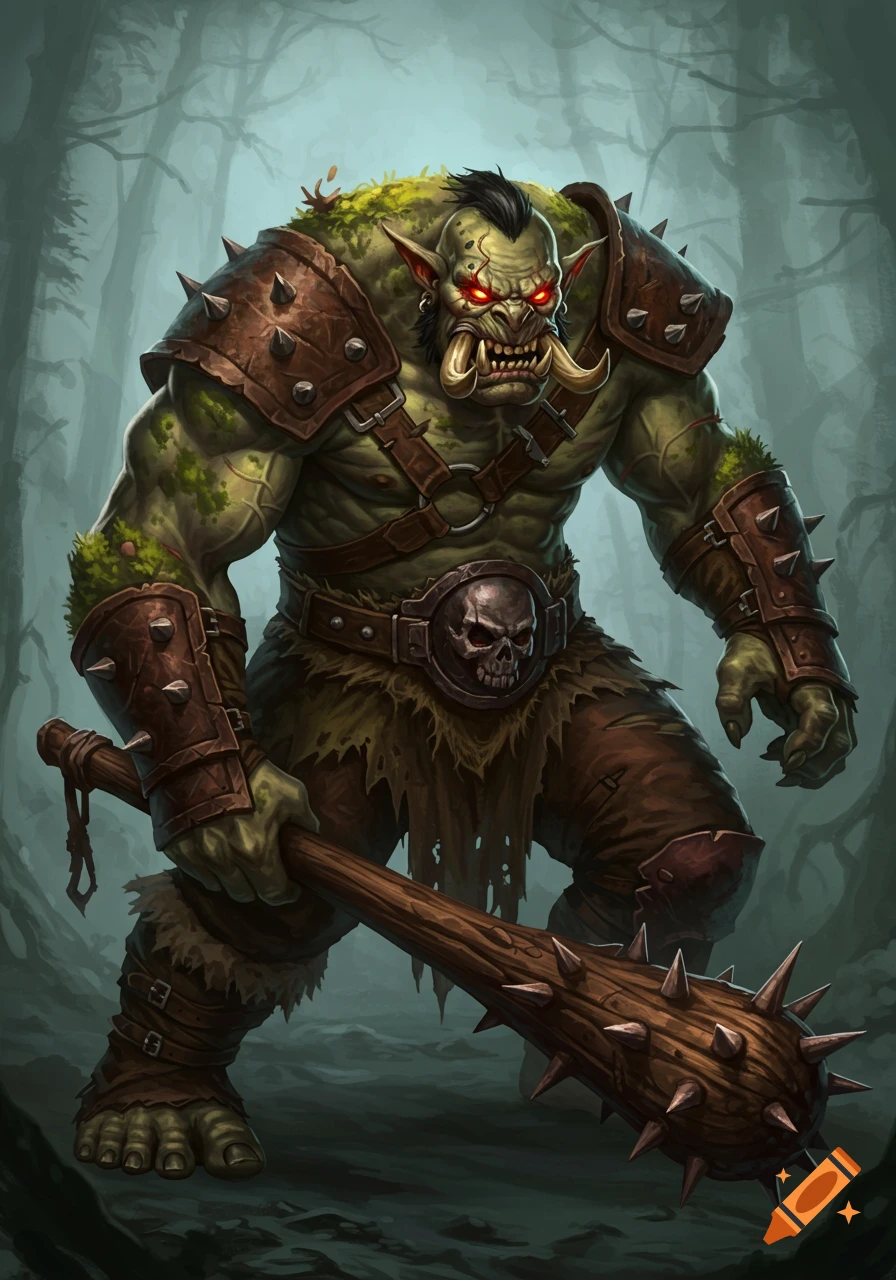 A powerful, green-skinned fantasy troll with glowing red eyes and tusks, wearing studded leather armor and holding a spiked club, stands in a dark, misty forest.