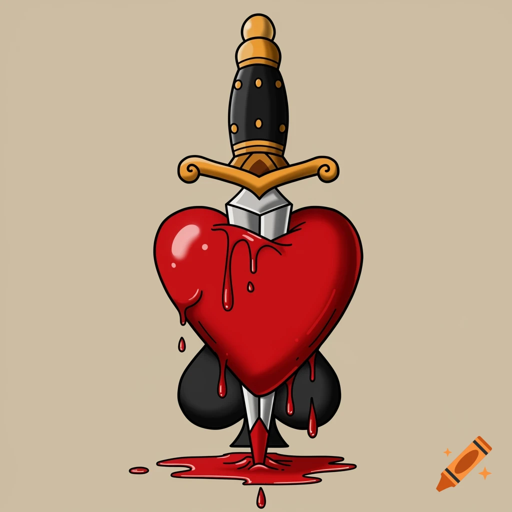 A vibrant American traditional tattoo style illustration of a red heart with a dagger stabbed through it, blood dripping to form a spade shape.