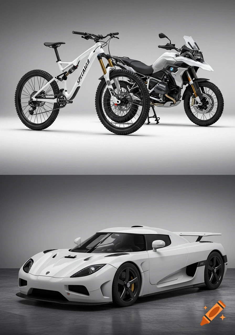 Photorealistic rendering of a white Specialized mountain bike, a white BMW motorcycle, and a white Koenigsegg Agera supercar on a gray background.