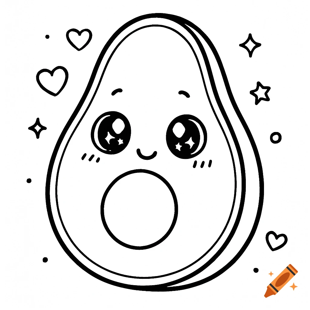 A black and white kawaii-style line drawing of an avocado with a cute face, surrounded by hearts and stars, perfect for a coloring page.