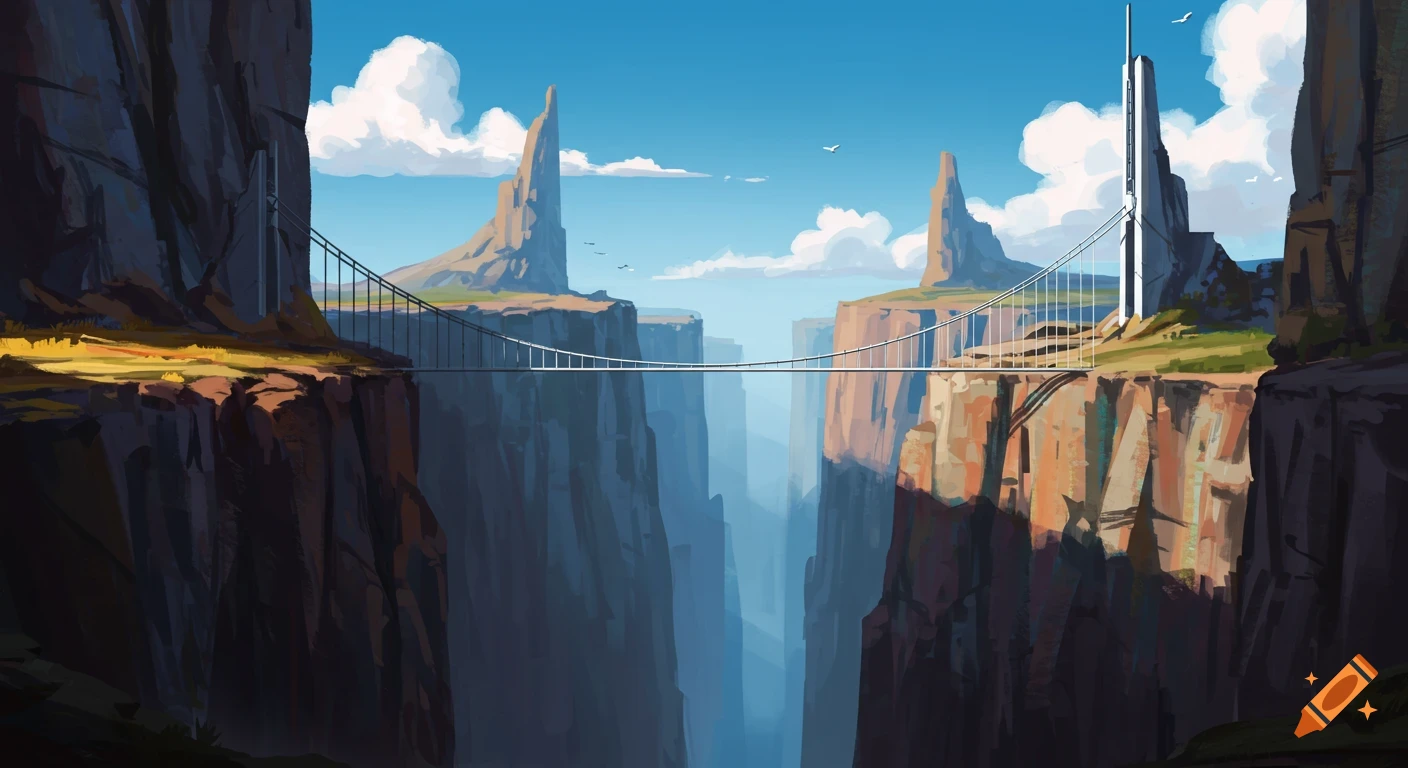 Digital painting of a modern suspension bridge connecting two towering cliffs over a deep canyon under a blue sky.