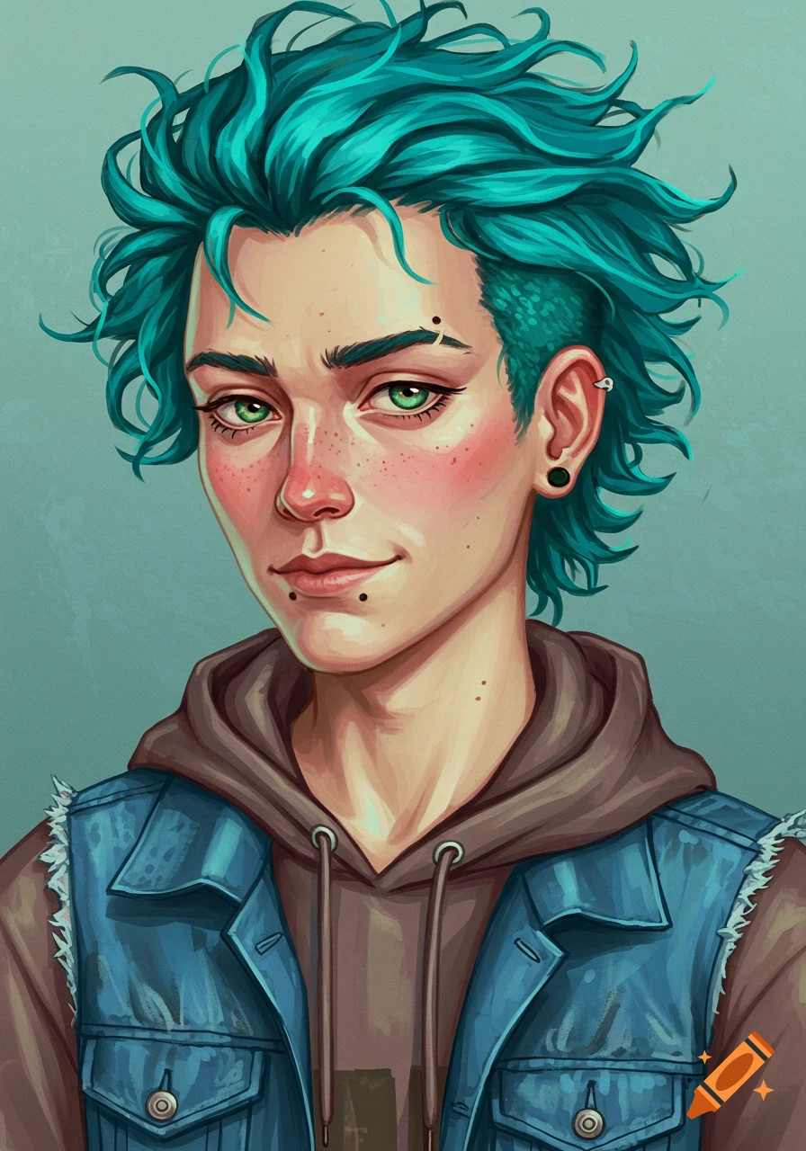 A stylized digital portrait of a person with vibrant teal hair, green eyes, freckles, and facial piercings, wearing a hoodie and denim vest.