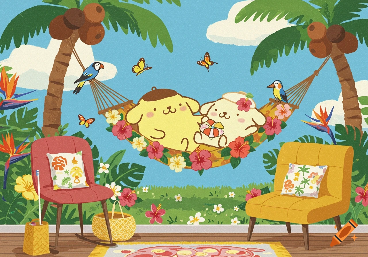 A cute cartoon illustration of two Pompompurin characters relaxing in a hammock between palm trees, surrounded by tropical flowers and two parrots.
