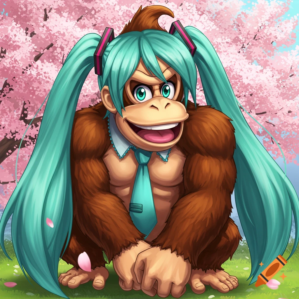 Donkey Kong cosplaying as Hatsune Miku with teal pigtails and tie, standing in a field of green grass under cherry blossom trees.