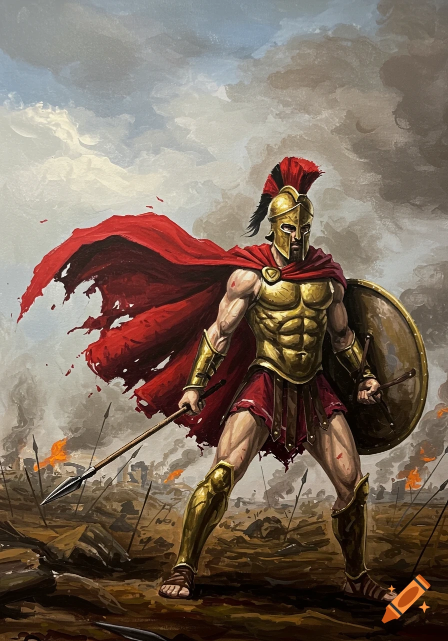 An acrylic painting of a Spartan warrior in gold armor and a red cape, holding a spear and shield on a smoky battlefield.