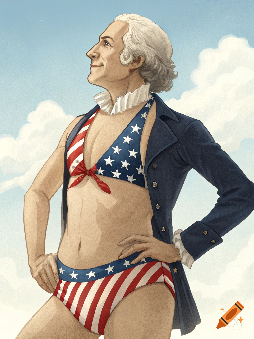 Illustration of George Washington posing in an American flag bikini with a blue coat against a blue sky with clouds.