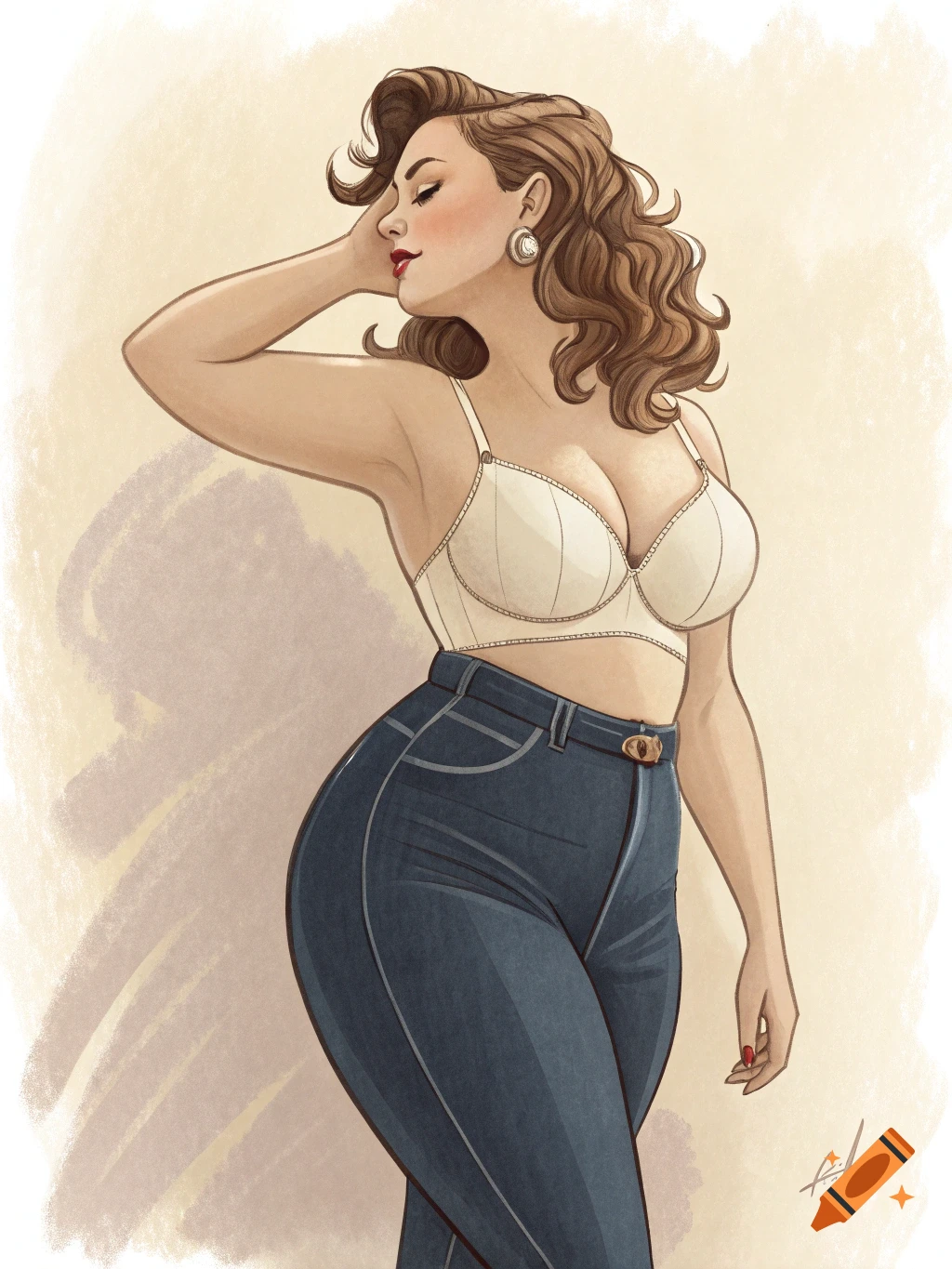 Curvy woman in a white bra and high-waisted blue jeans posing in a pin-up illustration style.