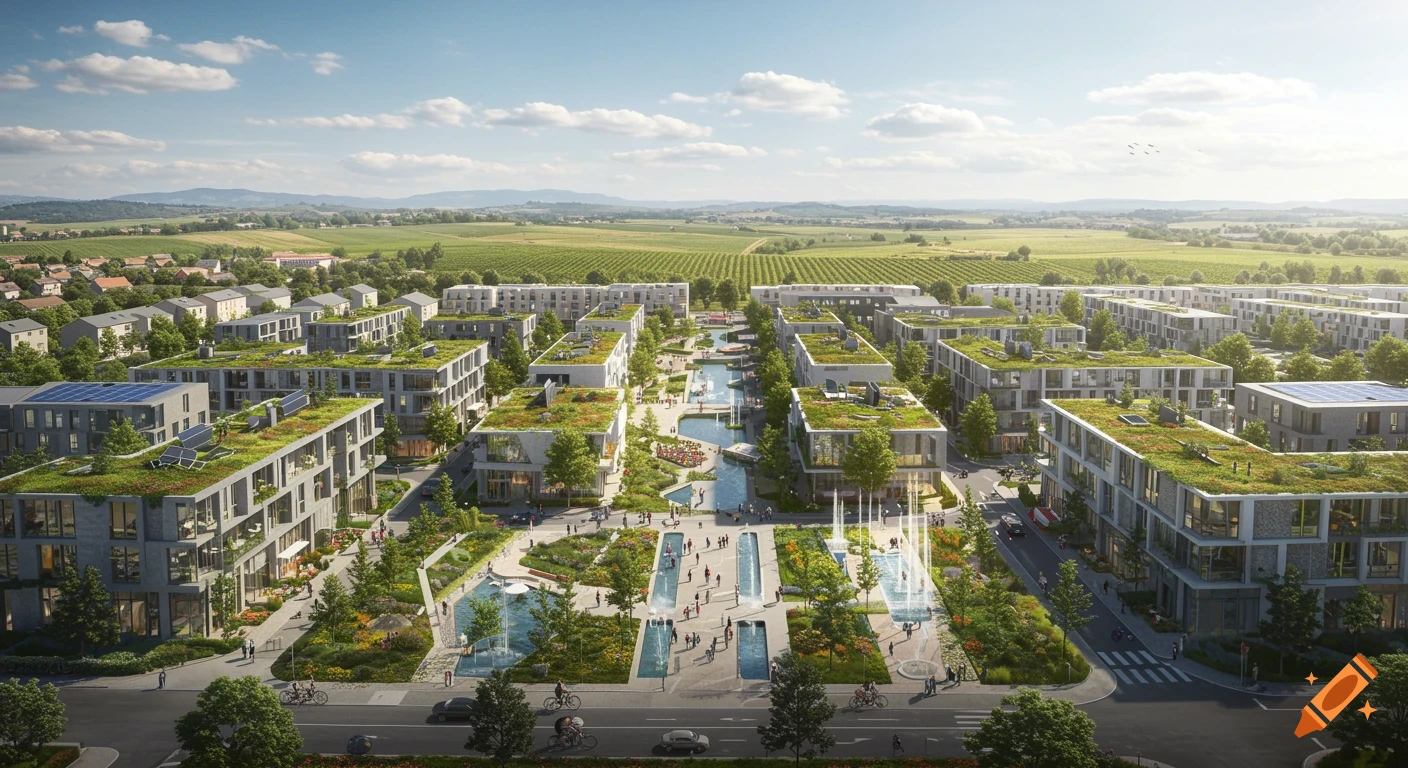 Panoramic view of a modern eco-city concept with green rooftops, solar panels, plazas, and water features, set amidst vineyards and hills.