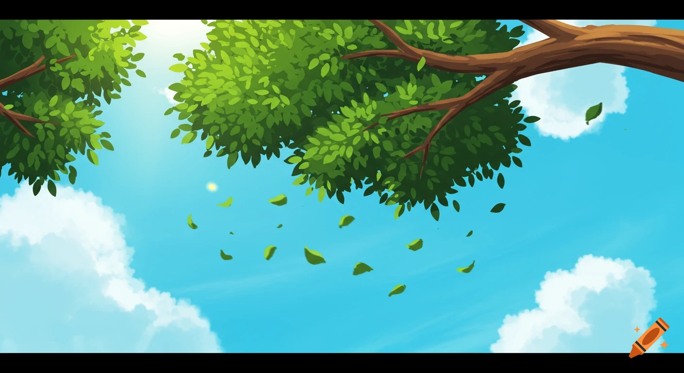 A cartoon-style background with a large leafy tree branch, bright blue sky, soft white clouds, and falling leaves.