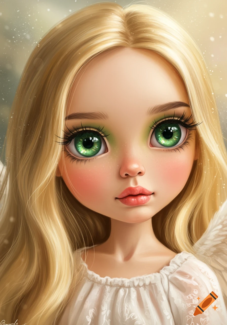 Close-up portrait of a stylized angelic doll with long blonde hair, large green eyes, and soft features against an ethereal background.