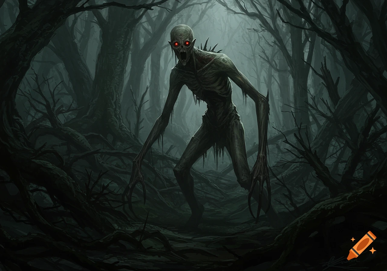 A creepy skeletal monster with glowing red eyes stands in a dark, misty forest, rendered in a horror fantasy style.