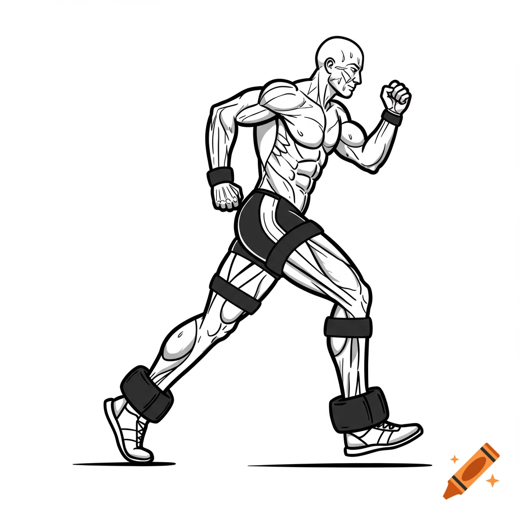 A muscular human figure with visible muscles, wearing short shorts, shoes, and leg weights, running in a black and white vector style.