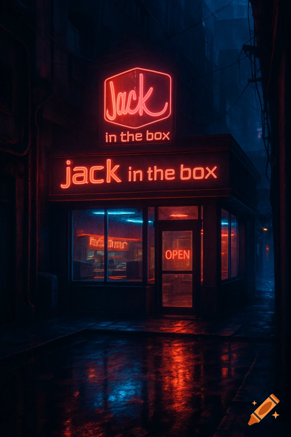 A Jack in the Box restaurant at night in a dark alley, illuminated by vibrant red and blue neon lights reflecting on wet ground.