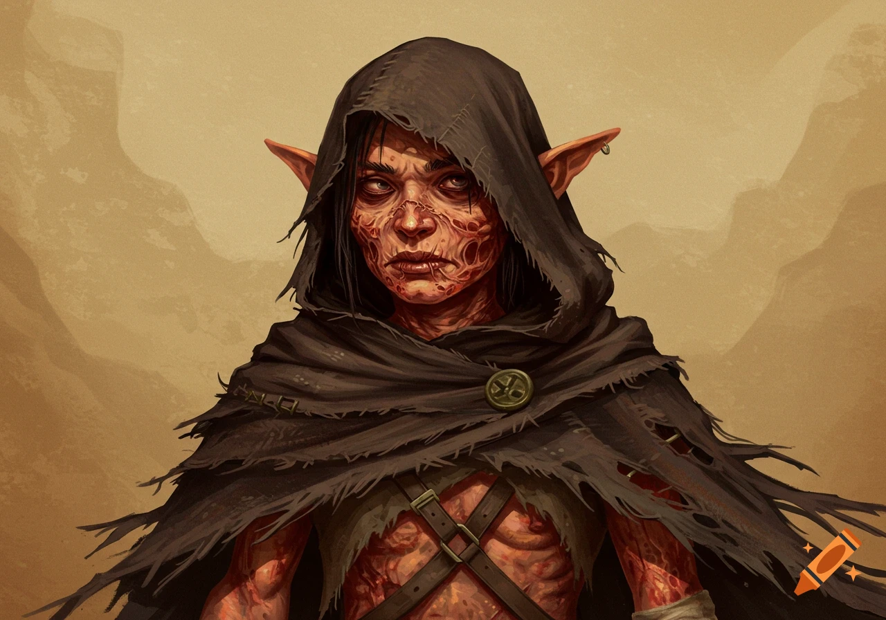 Close-up illustration of a halfling with red, burned skin and a dark, torn hooded cloak, against a muted desert background.