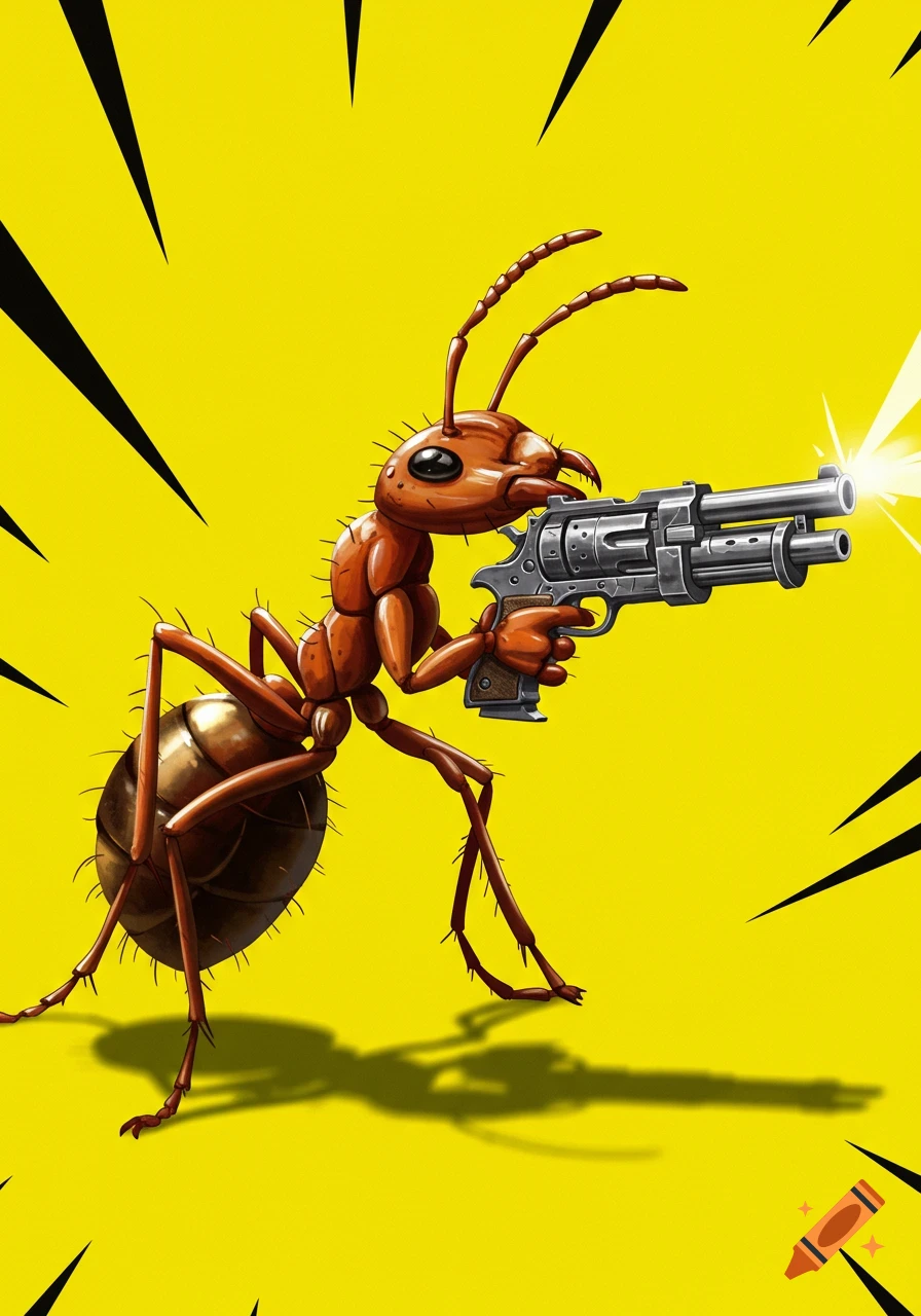 A cartoonish red ant holding and firing a large revolver, against a bright yellow background with black burst lines.