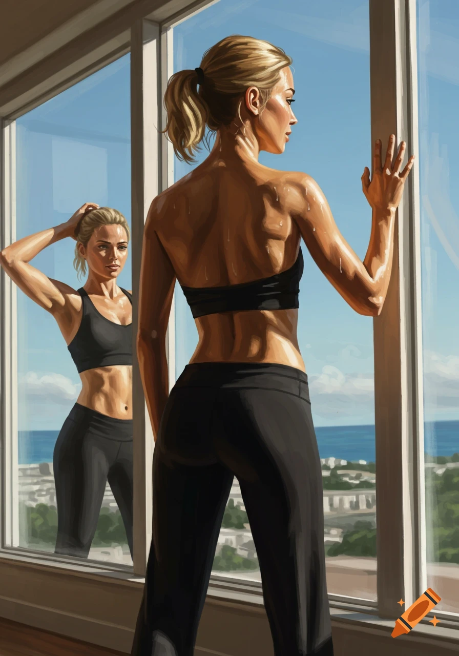 Illustration of a sweaty woman in athletic wear looking at her reflection in a large window overlooking a city and ocean.