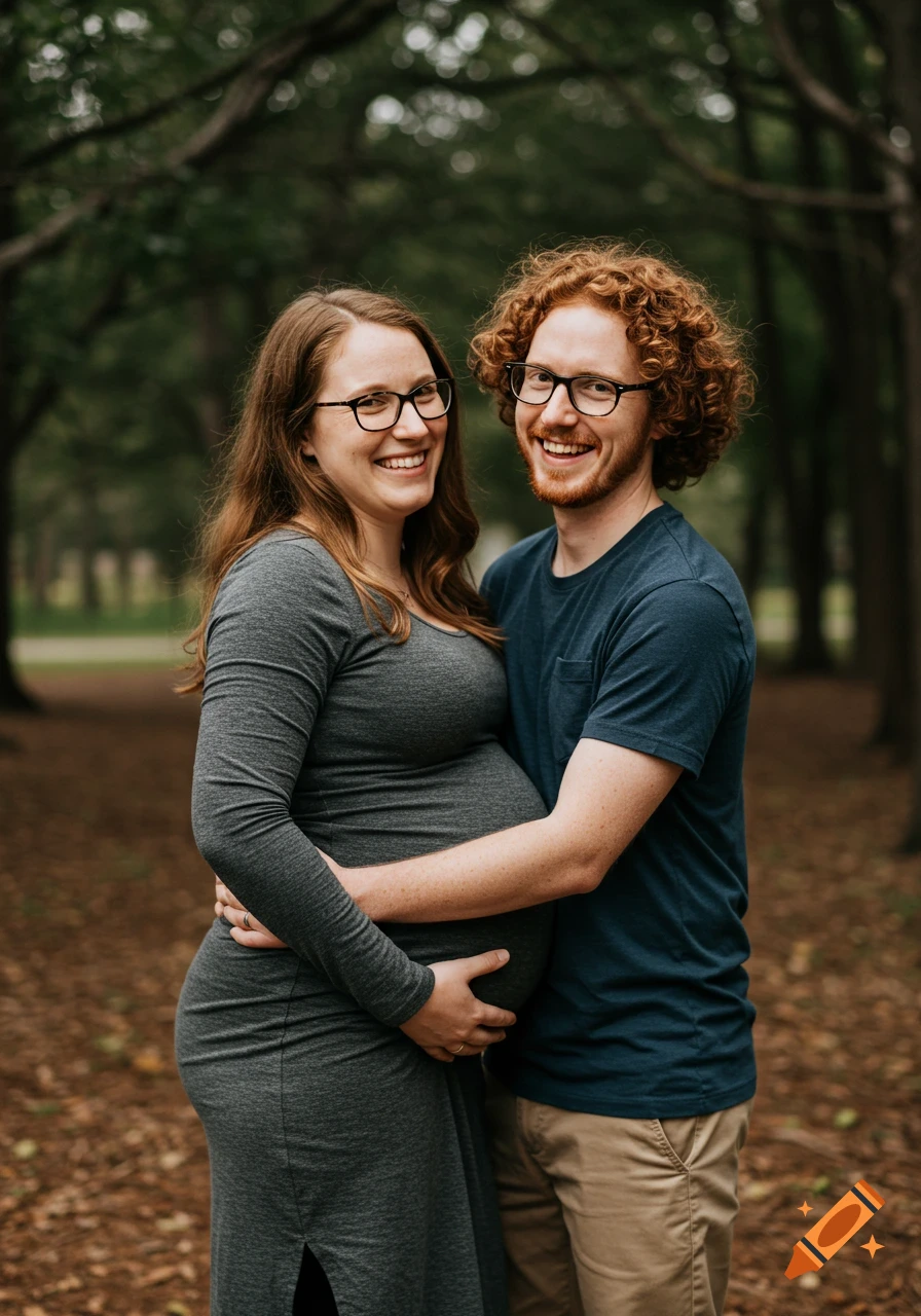 A smiling pregnant woman in a gray dress and her red-haired husband in a blue shirt embrace outdoors amidst trees.