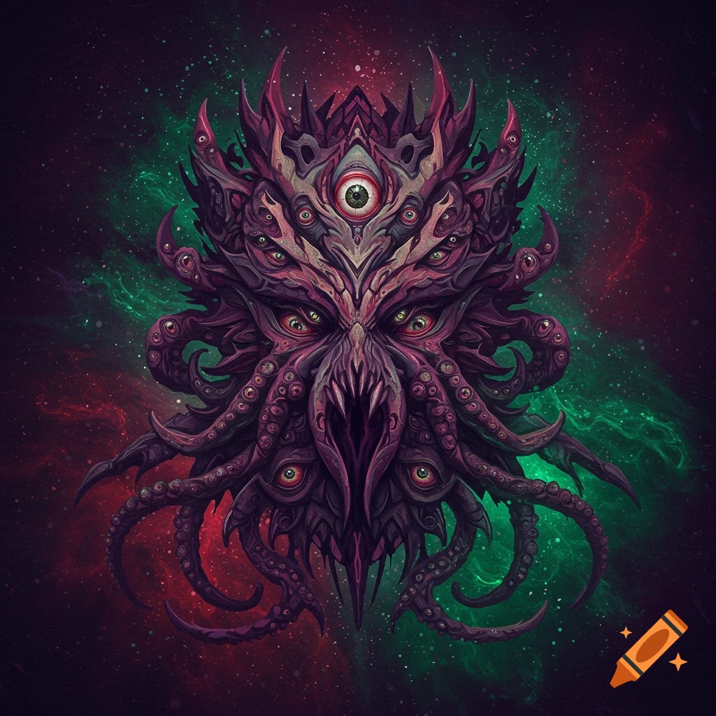 A purple and green cosmic eldritch entity with many eyes and tentacles, against a starry, nebulous background.