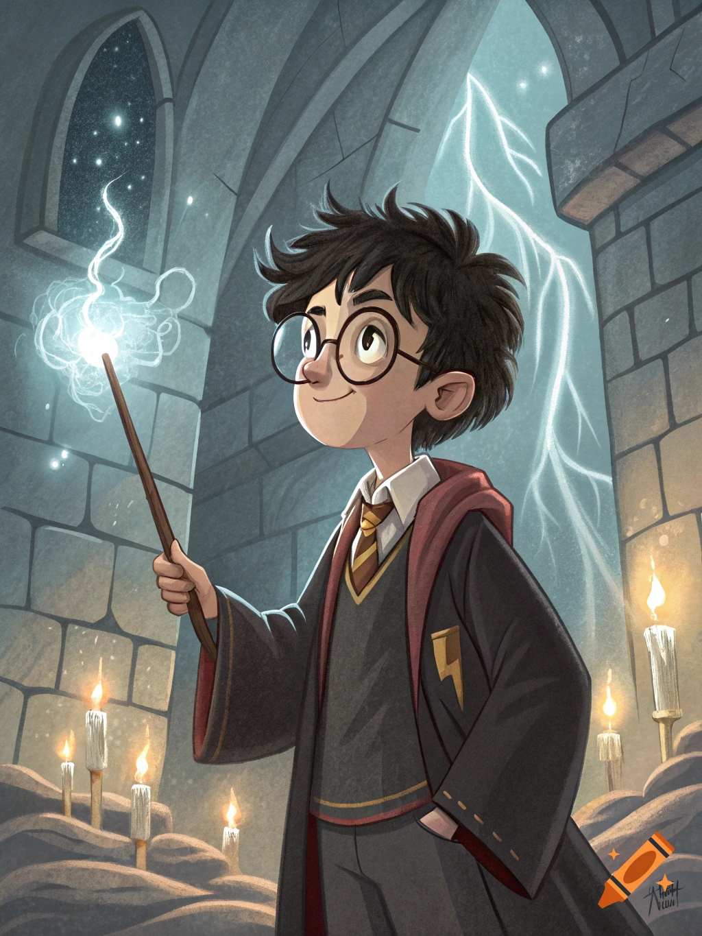 Stylized illustration of Harry Potter in Hogwarts robes casting a glowing spell from his wand, with candles and a lightning bolt outside a castle window.
