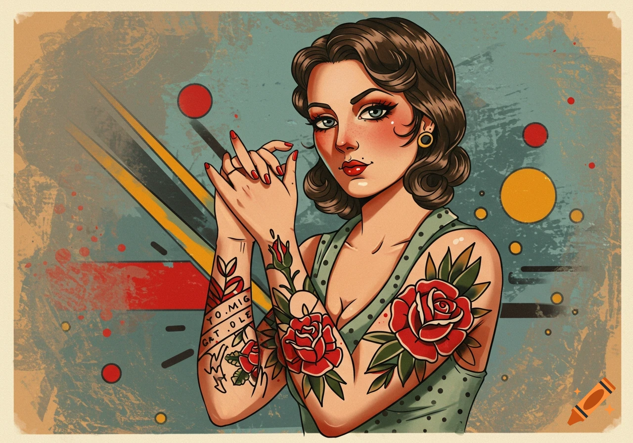 An illustration of a woman with brown hair in a vintage style, covered in red rose and abstract tattoos, posing against a grunge background.
