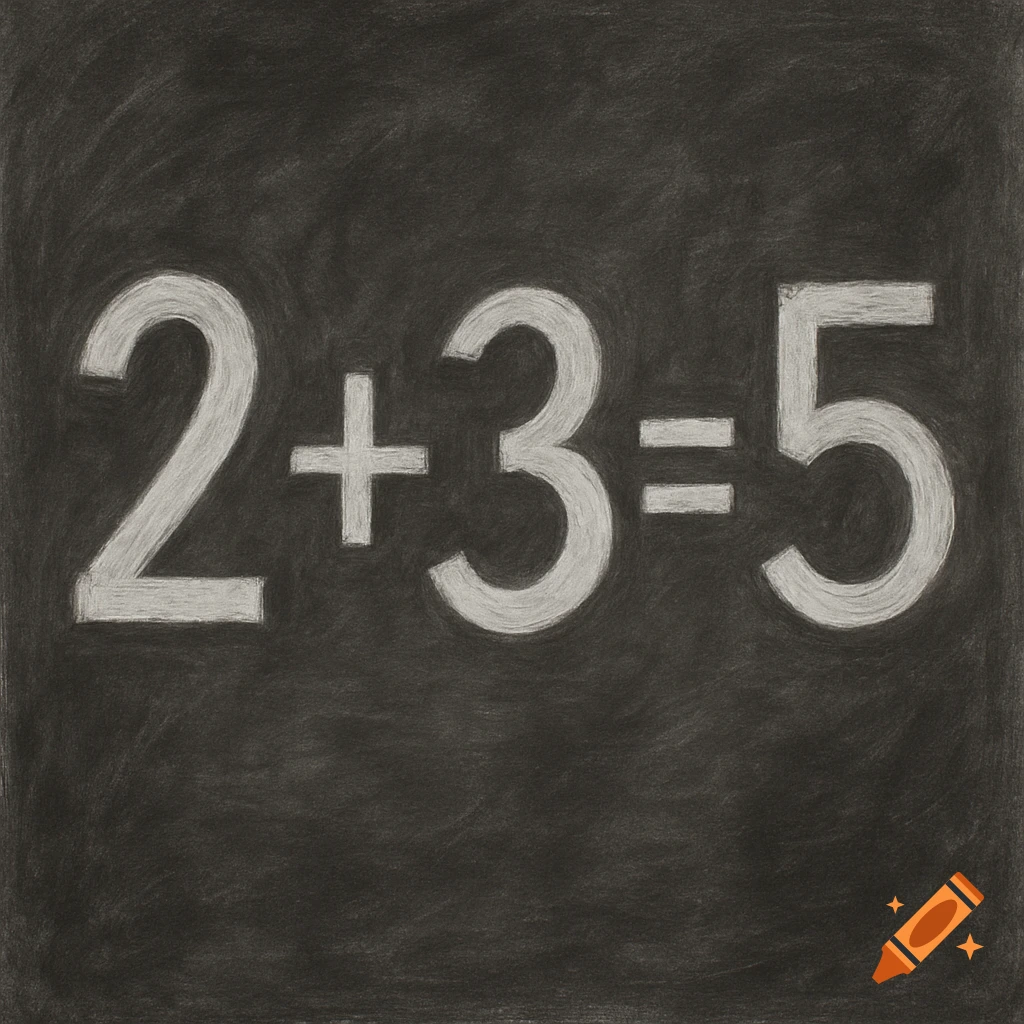The equation 2+3=5 written in white chalk on a black chalkboard.