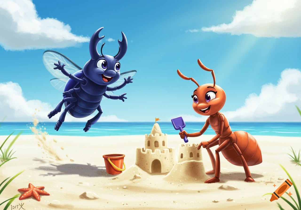 A cheerful blue cartoon beetle flies above the sand while an orange cartoon ant builds a sandcastle on a sunny beach.