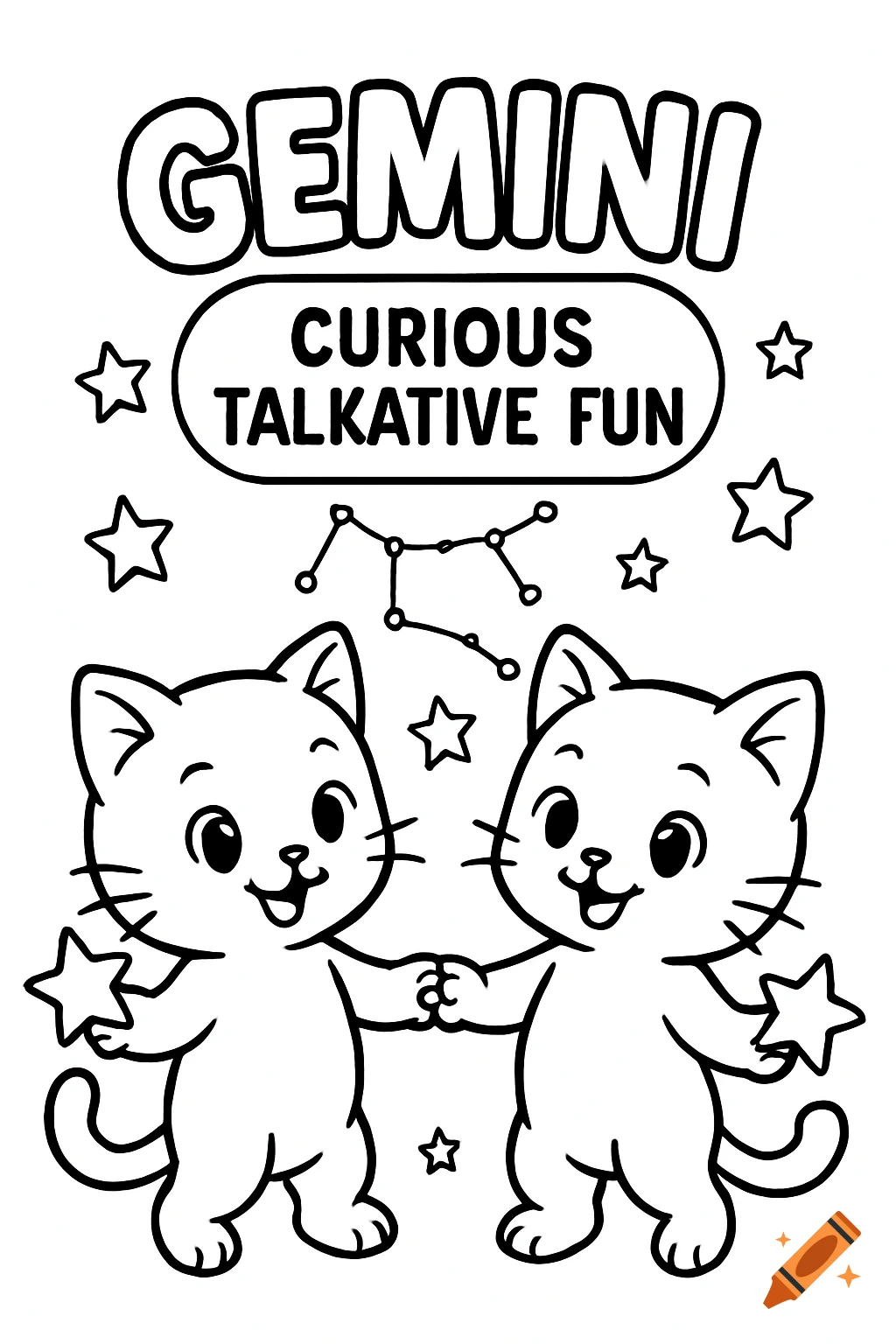Black and white line art of two cartoon kittens, stars, Gemini constellation, and text 'GEMINI CURIOUS TALKATIVE FUN'.