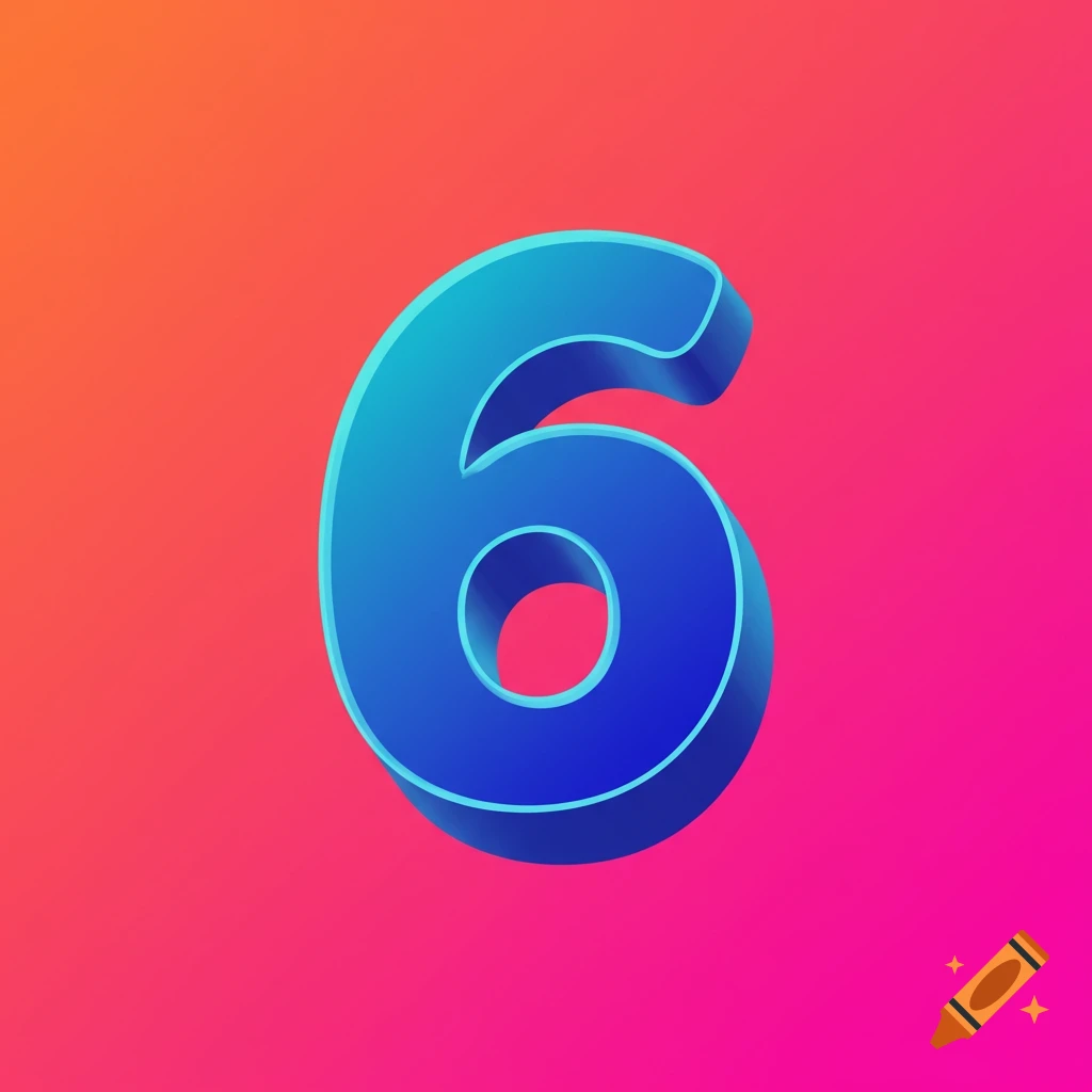 A vibrant blue 3D number six with a light blue outline, set against a smooth gradient background of orange to pink.