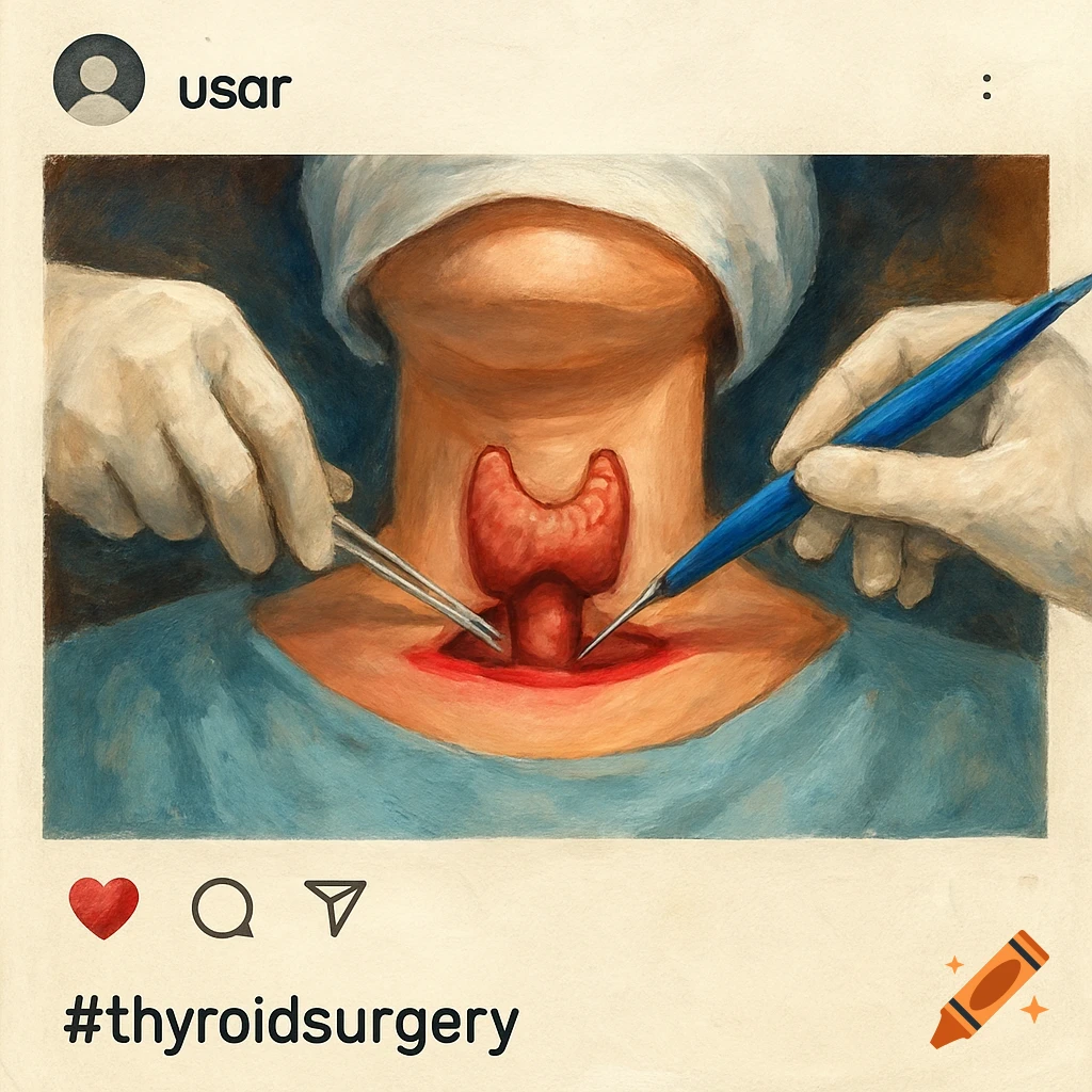 Illustration of thyroid surgery on a patient's neck, with gloved hands holding surgical tools, framed like an Instagram post.