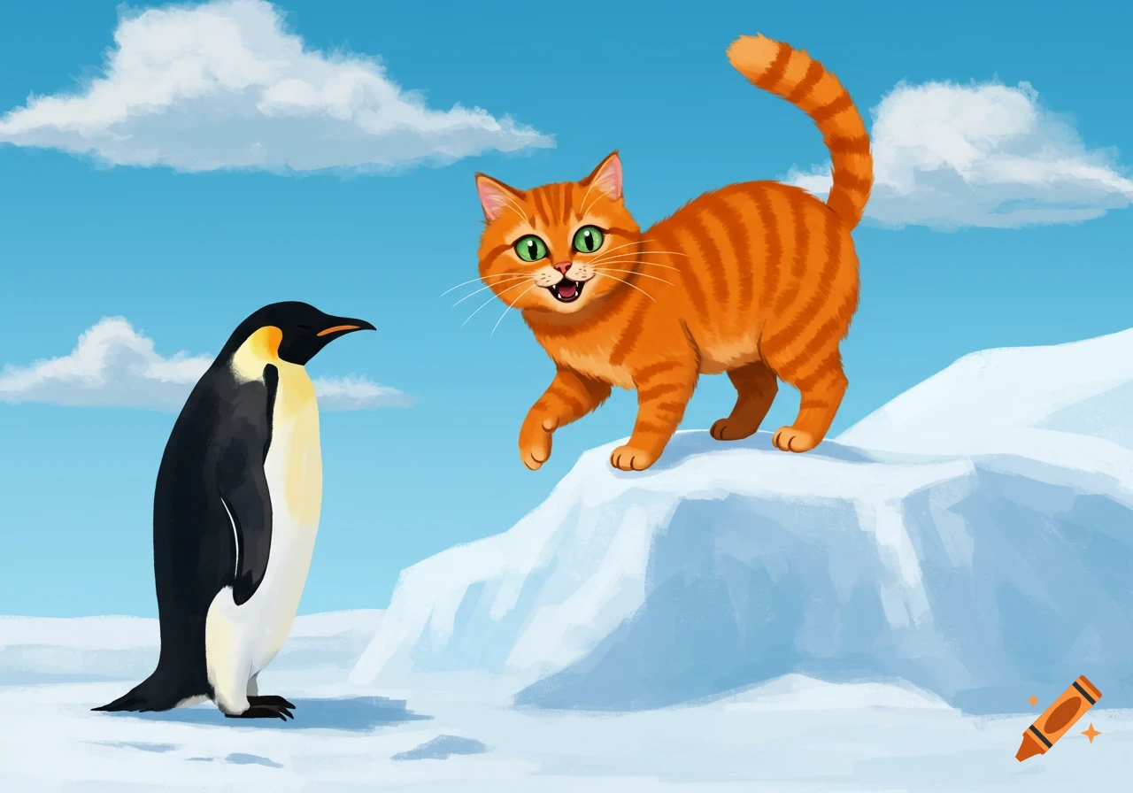 A cartoonish ginger cat on an icy mound facing a penguin in a snowy landscape under a blue sky.