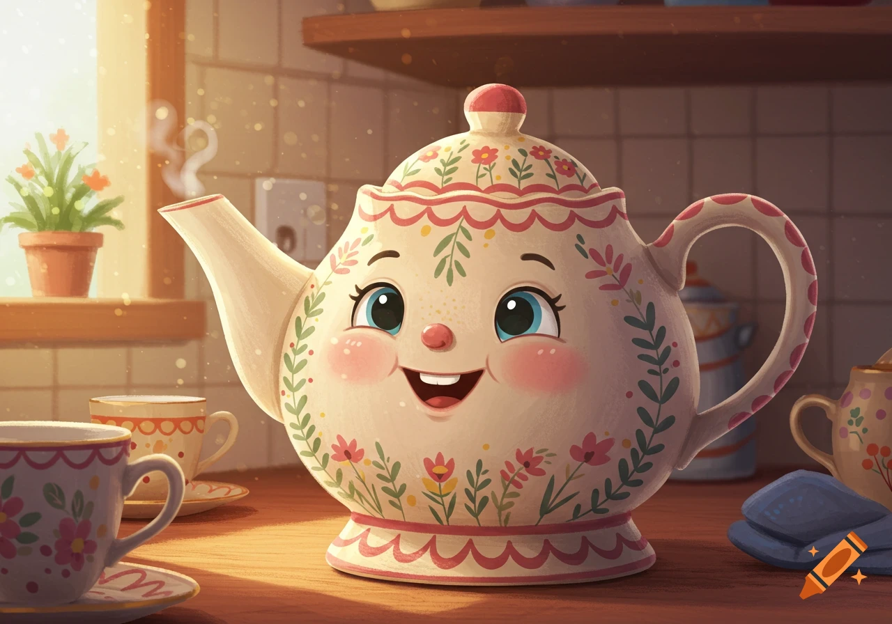 A cute anthropomorphic teapot with a happy face and floral designs sits on a kitchen counter with teacups in a cheerful illustration.
