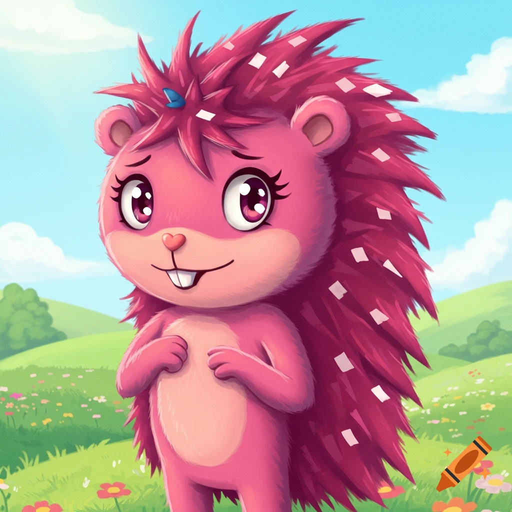 A cute, pink cartoon hedgehog-like creature with big eyes smiles in a grassy meadow with flowers under a blue sky.