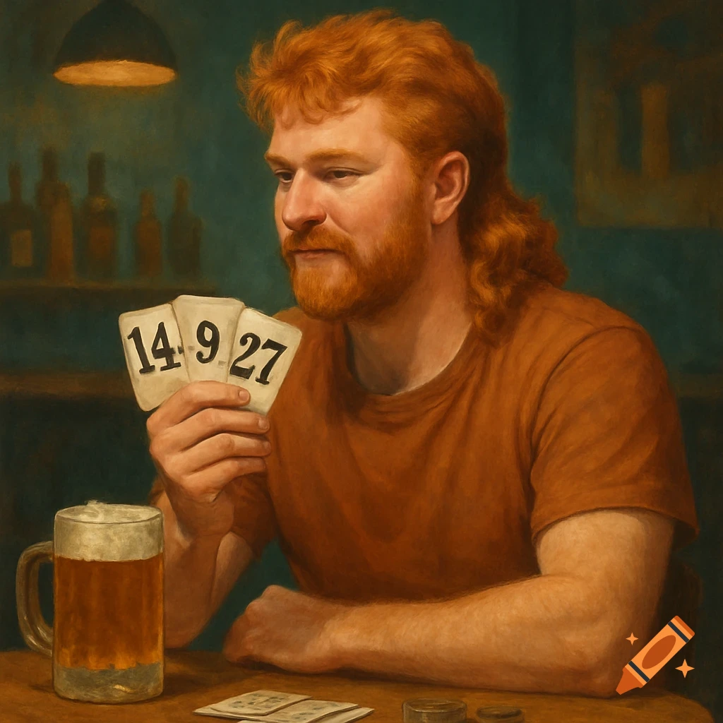 A ginger man with a mullet and beard sits at a bar table, holding cards with numbers 14, 9, 27. A beer mug is nearby.