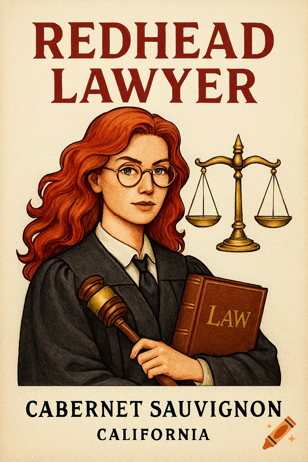 Stylized illustration of a redheaded lawyer in a robe with a gavel and law book, scales of justice, on a wine label. Text: 'REDHEAD LAWYER', 'CABERNET SAUVIGNON CALIFORNIA'.