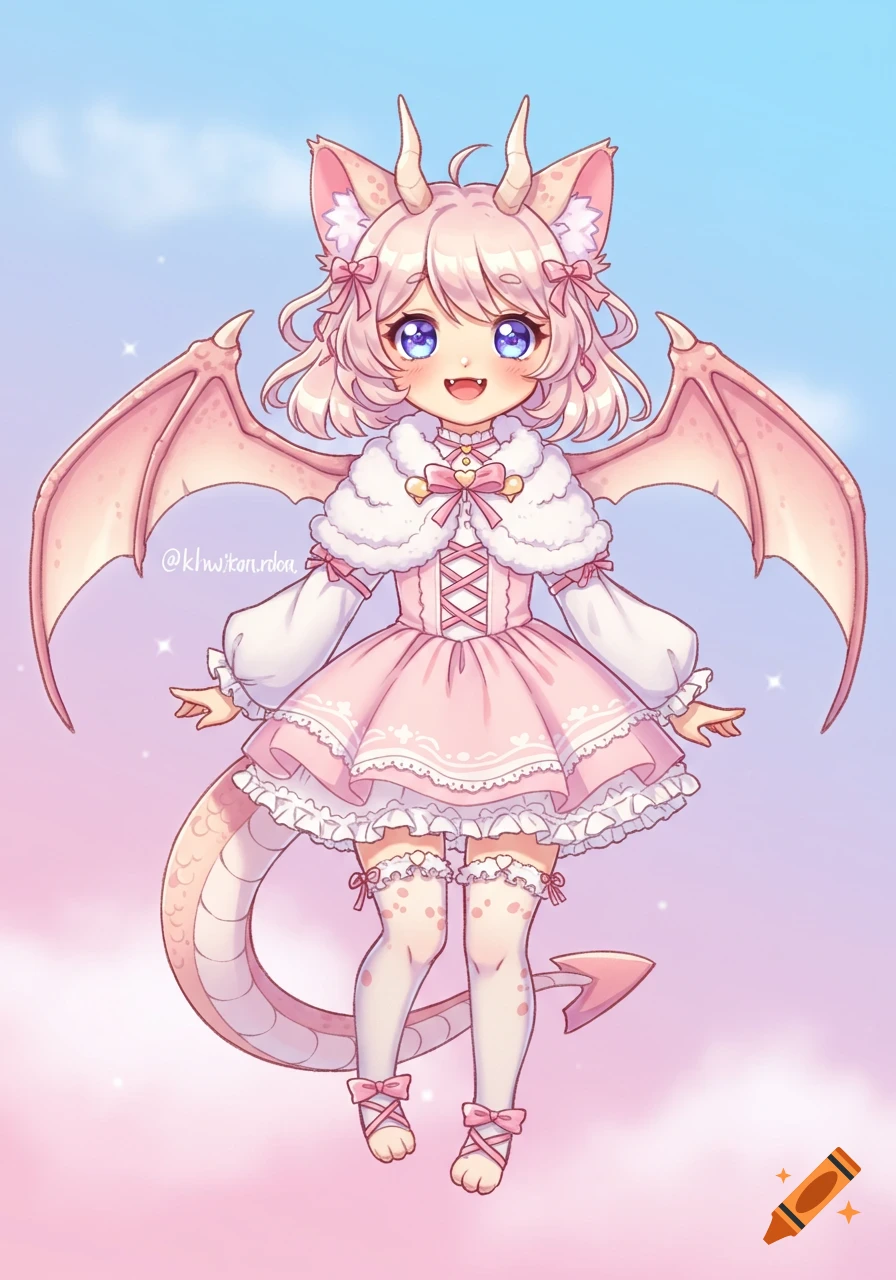 Adorable anime dragon girl with pink hair, blue eyes, cat ears, and wings, wearing a frilly pink dress, against a pastel sky.