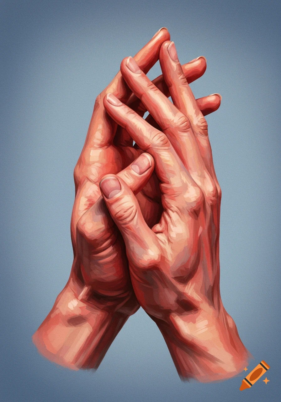Two hands clasped together against a blue background in a painted style.