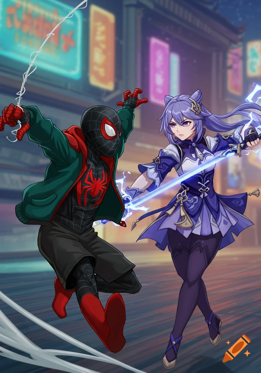 Miles Morales and Keqing face off in an anime-style street scene with neon signs.
