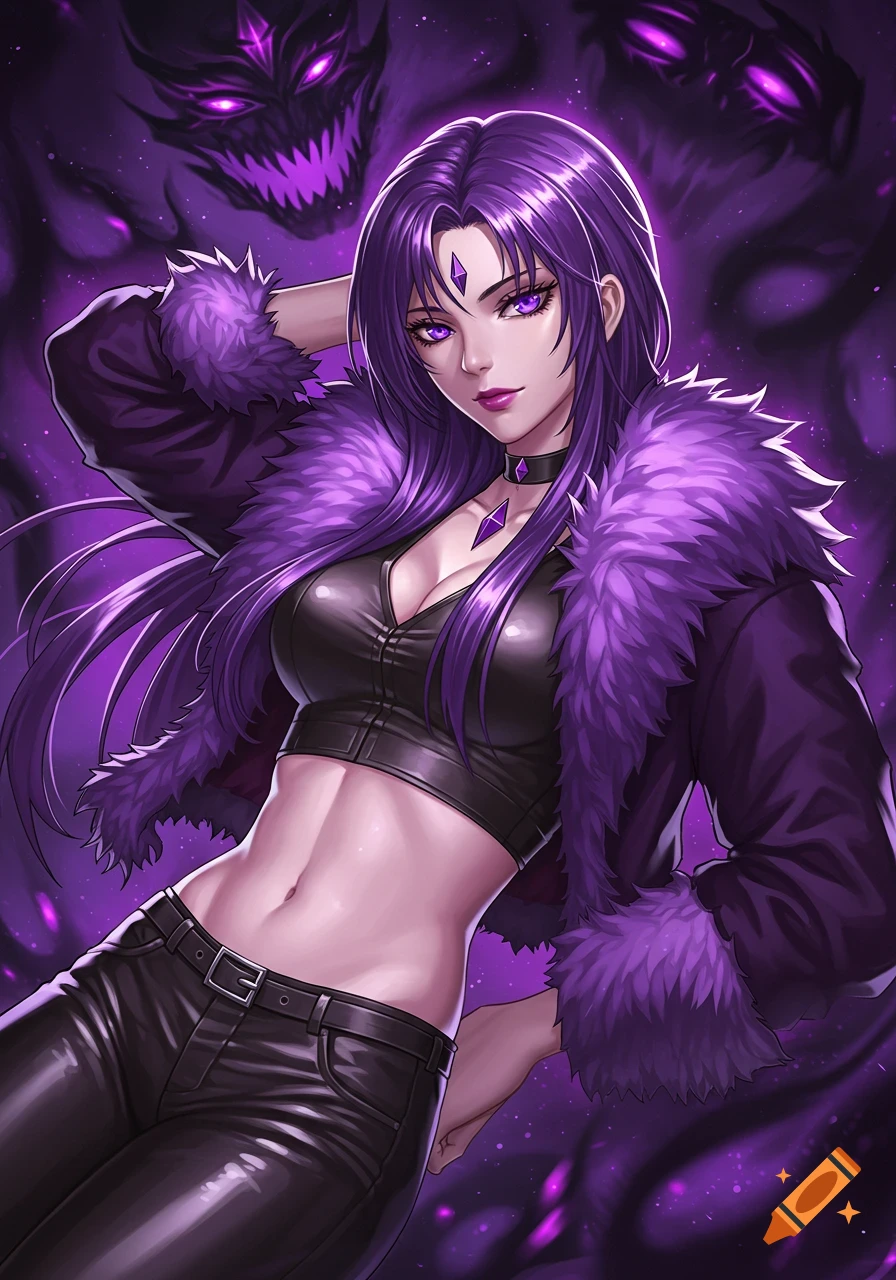 An anime woman with long purple hair and purple eyes wears a purple fur jacket, leather crop top, and leather pants, posing against a dark purple, shadowy background.