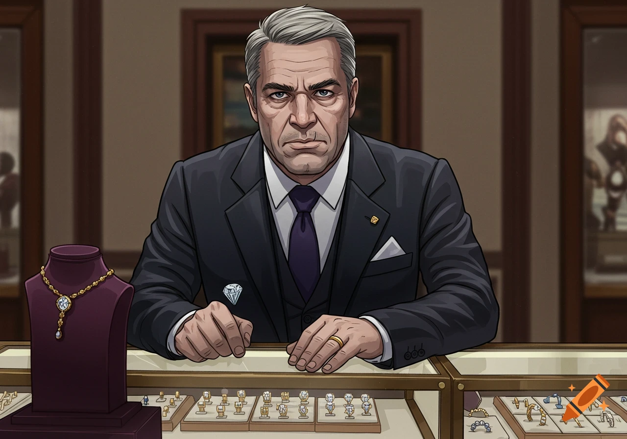 Animated illustration of a gruff man with gray hair in a suit, sitting behind a jewelry counter with diamond rings and a necklace on display.