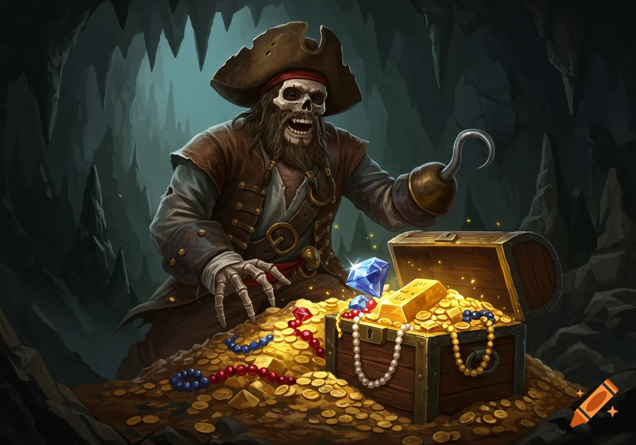A stylized skeleton pirate with a hook hand kneels beside an open treasure chest overflowing with gold and jewels in a dark cave.
